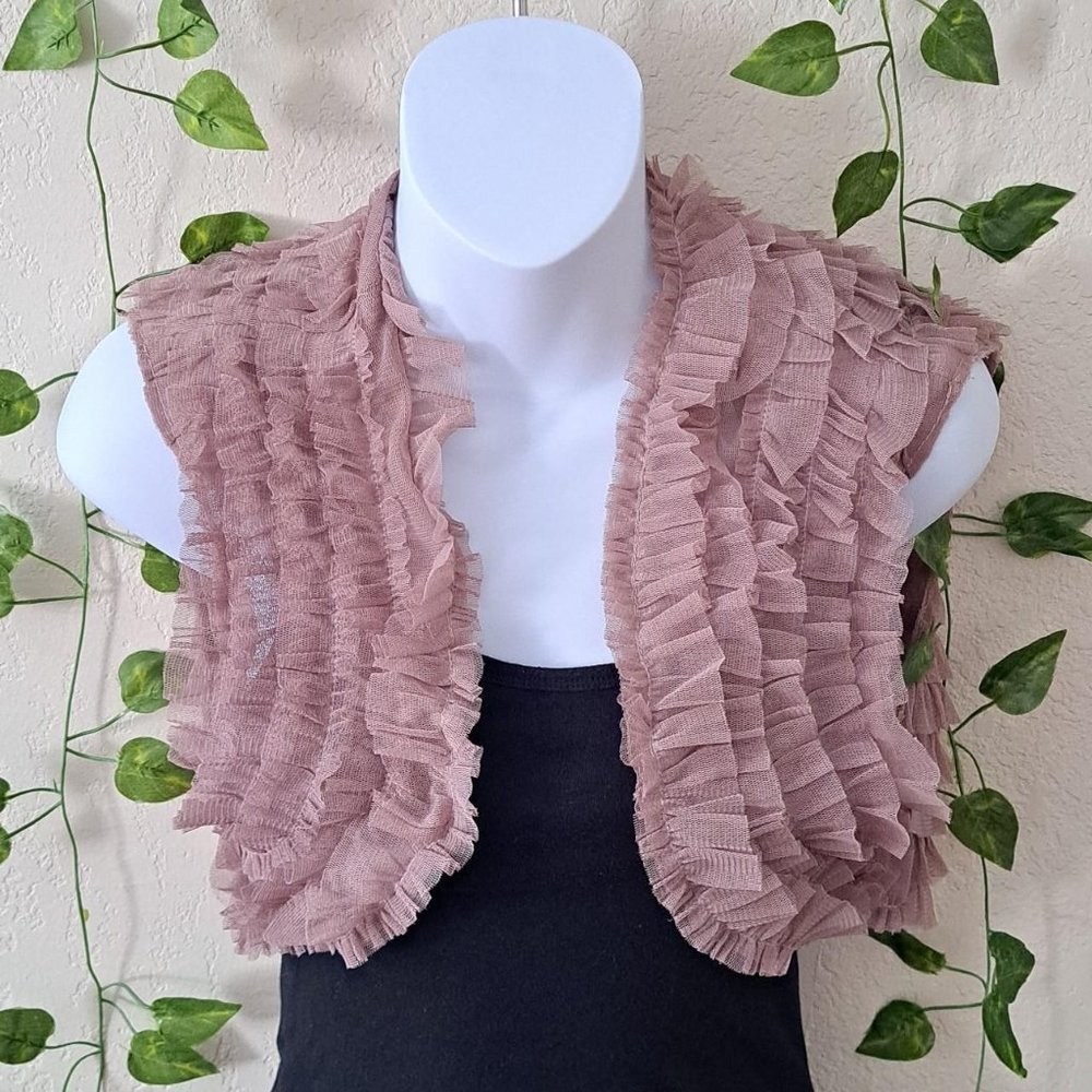 Y2K Vintage Crop Top Bolero Shrug - Tan / Mocha / Ruffled Frille Tulle, Small